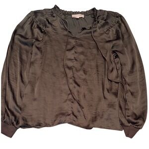 NWOT Philosophy Republic Women Satin Ruffle Tie Neck Blouse Olive green Small